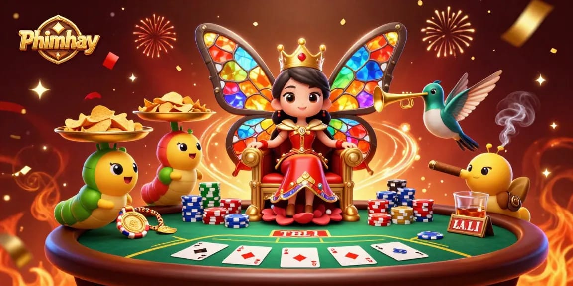 Engage with Phimhay's vibrant casino scene featuring a butterfly queen amidst lively poker elements.