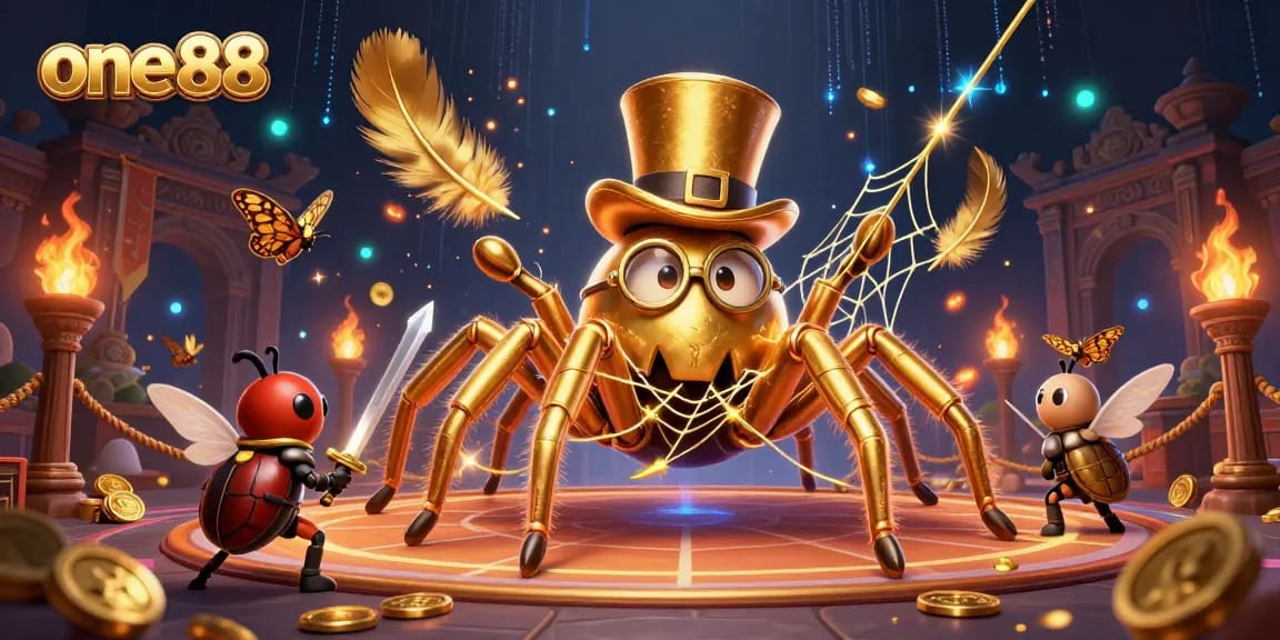 Engage with one88's thrilling casino experience featuring a golden tarantula and knight in an epic scene.