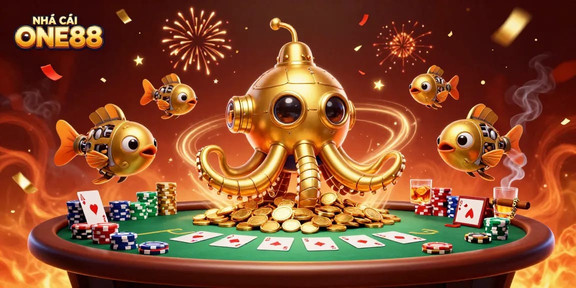 Engage with NHÀ CÁI ONE88's vibrant casino scene featuring a golden kraken and poker elements.