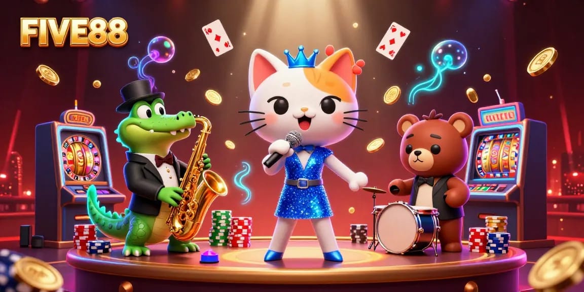 FIVE88 invites players to enjoy vibrant casino games with a lively jazz performance by adorable 3D characters.
