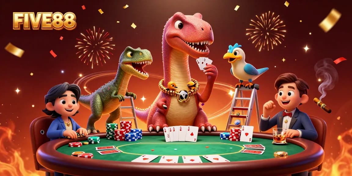 Experience the excitement of FIVE88 casino gaming with a vibrant 3D poker scene featuring iconic characters.