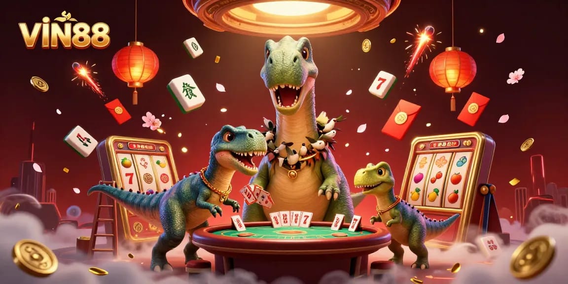 VIN88 takes center stage in a vibrant casino scene with dynamic characters and gaming elements.