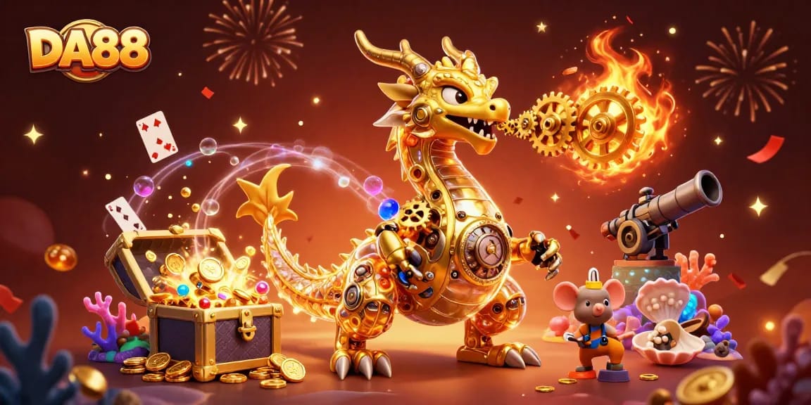 DA88 reveals thrilling moments as a golden dragon breathes gears, symbolizing excitement in online gambling.