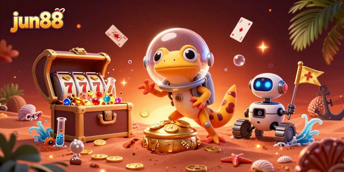 Experience the excitement of jun88 with a vibrant scene of a Martian gecko uncovering a buried golden casino.