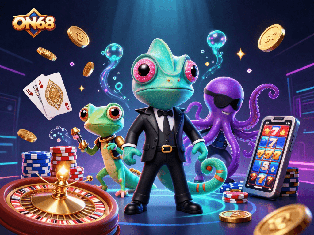 Engage with the ON68 casino adventure featuring a secret agent chameleon and a tech-savvy gecko amidst a shower of sparkling gems and cascading coins.