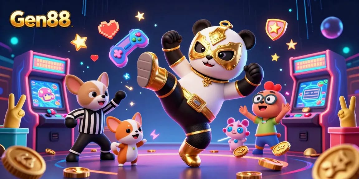Experience exhilarating gameplay at Gen88 with a wrestling panda, vibrant arcade games, and energetic animal spectators.