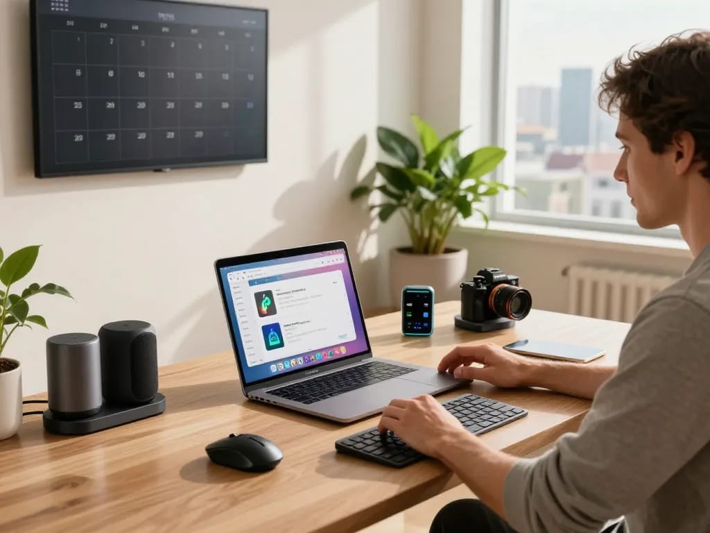 Innovative tech gadgets for productivity in a modern home office setting, featuring wireless keyboard and ergonomic mouse.