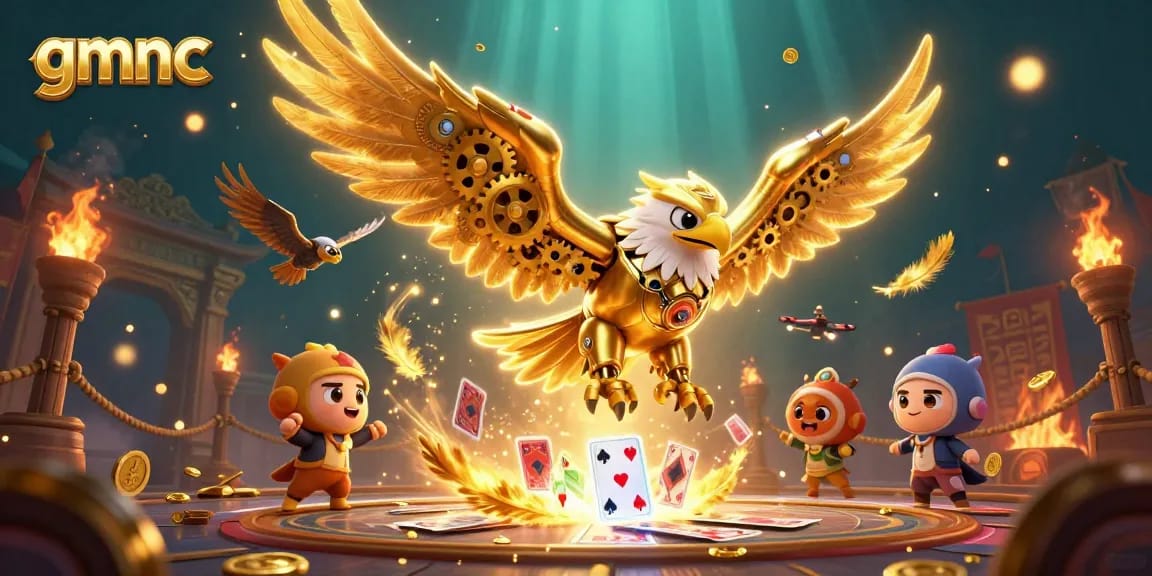 Gmnc analyzes risks in online gambling with 3D illustration of a golden eagle and cards.