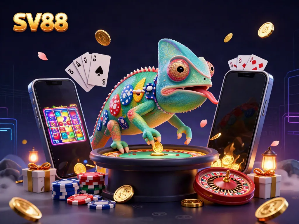 Experience exciting casino adventures at SV88 with a colorful 3D chameleon owner and dynamic gaming elements.