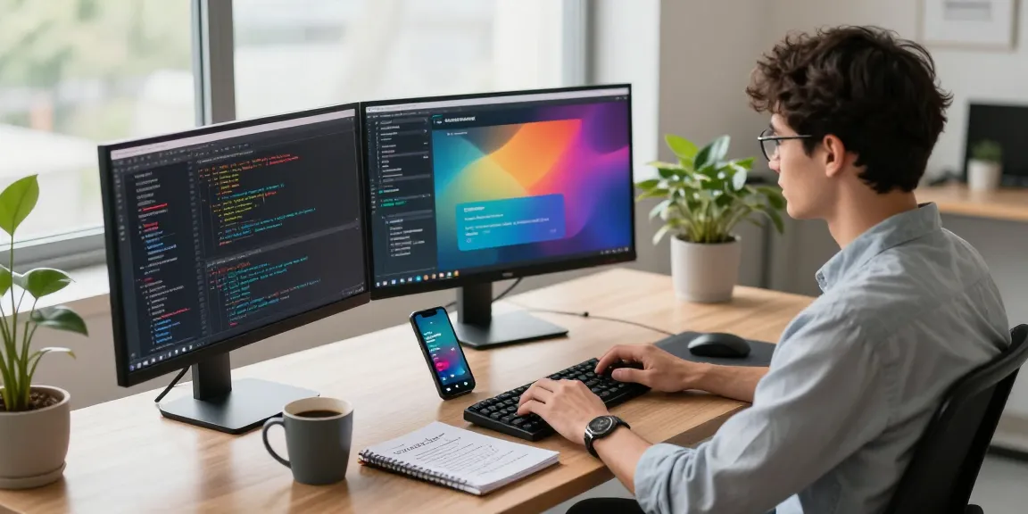 快连 software developer coding in a modern workspace with dual monitors and vibrant tech atmosphere.