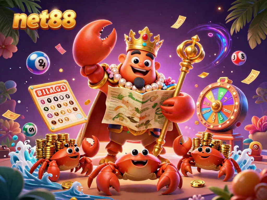 Experience thrilling gaming at net88 with a golden crab emperor amidst vibrant lottery and casino elements.