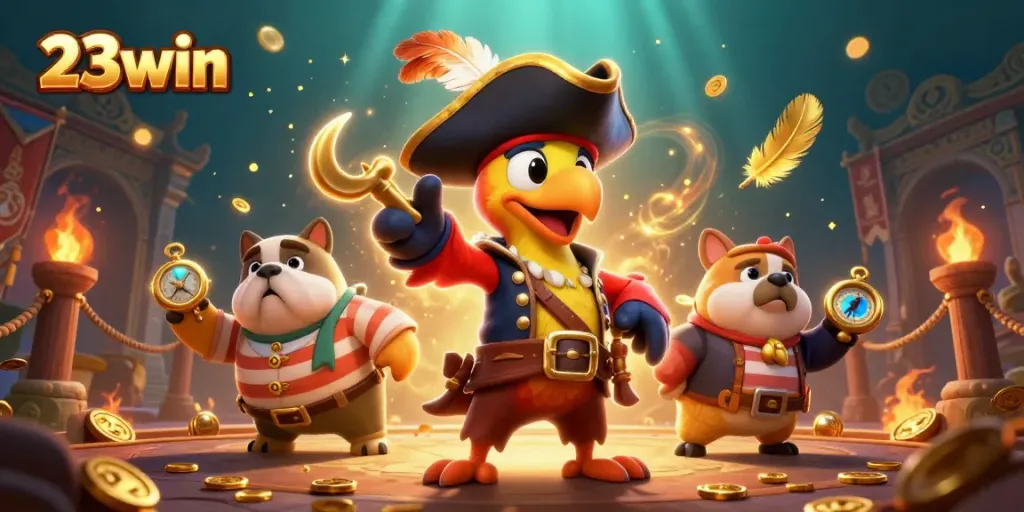 Engage in thrilling adventures at 23win with cartoon characters in a dynamic casino scene filled with golden coins and exciting games.