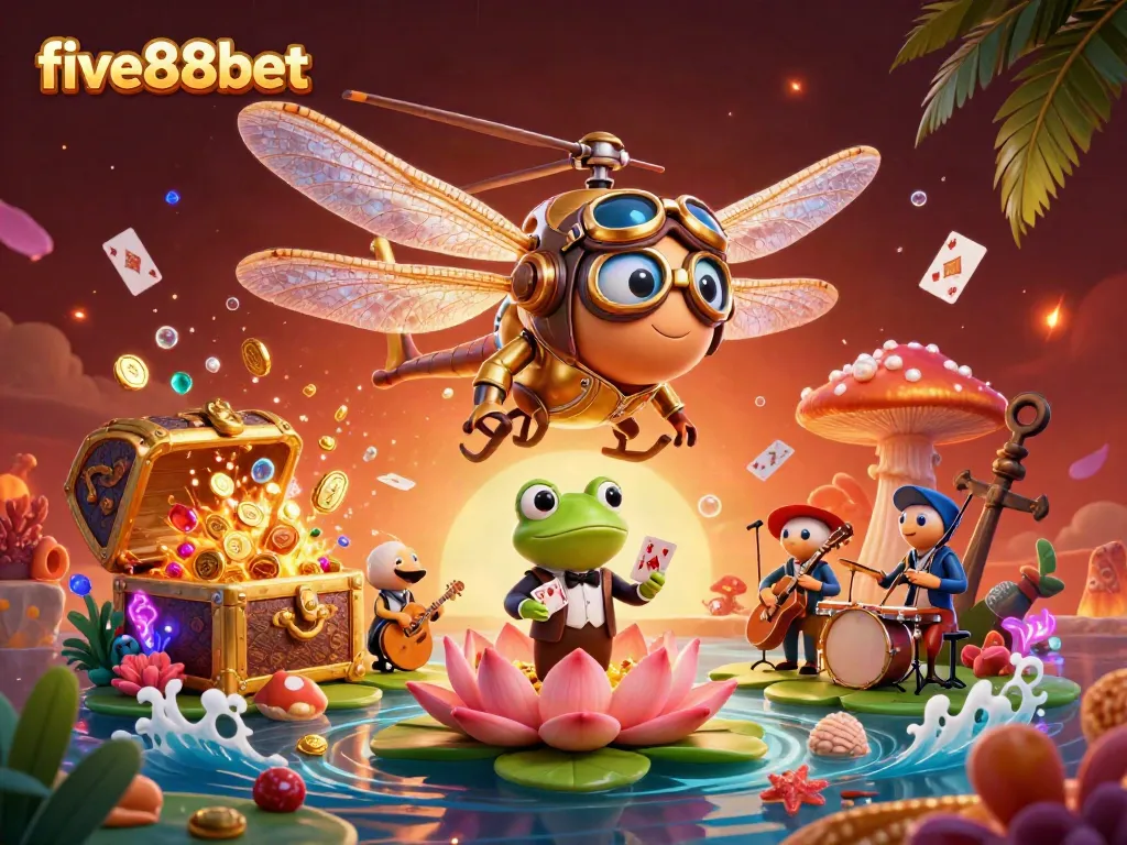 Engage in thrilling action at five88bet with a vibrant casino scene filled with colorful characters and game elements.