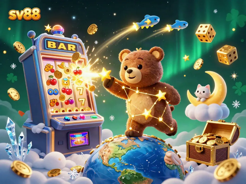 Experience the thrill of sv88 with a constellation bear scooping coins, dynamic casino elements, and vibrant visuals.