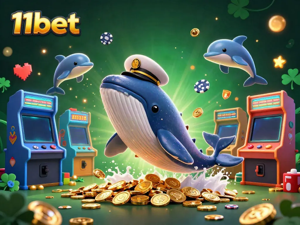 Win big at 11bet with vibrant 3D casino-themed illustration featuring a whale, narwhal, and dolphins.