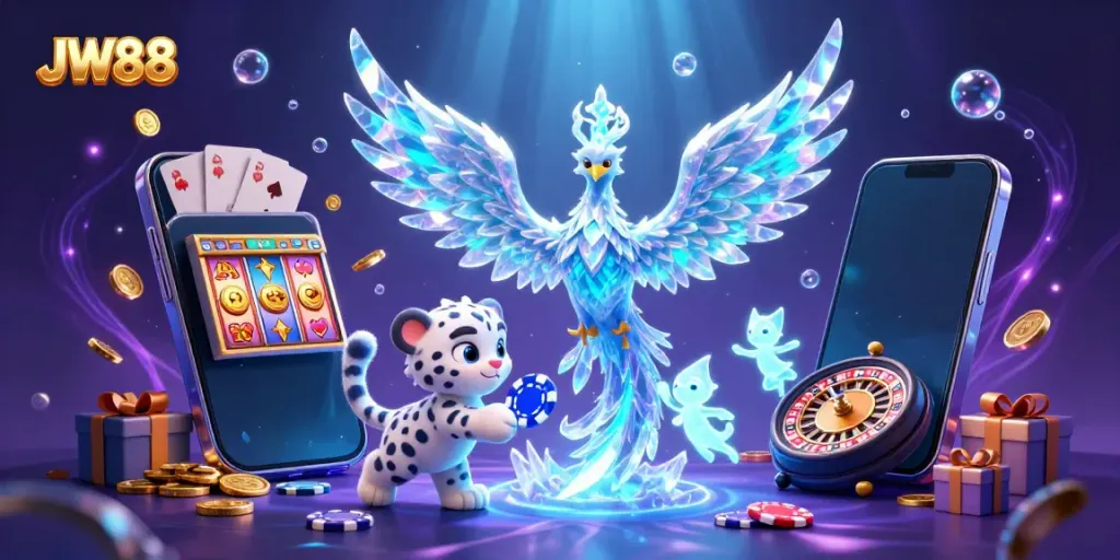 Engage with JW88's exciting gaming experience featuring an ice phoenix and vibrant slot visuals.