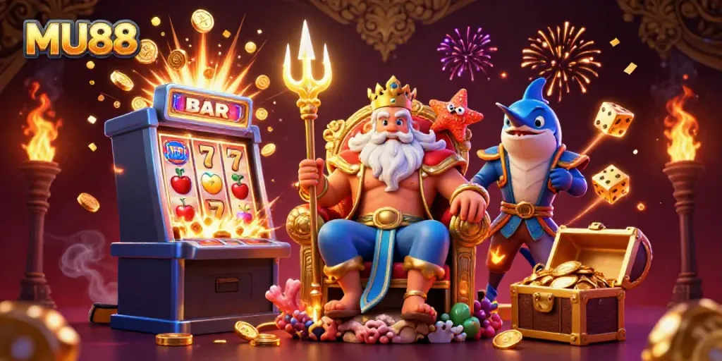 Experience the thrill of winning at MU88 with a lively casino illustration featuring Neptune and dynamic game elements.