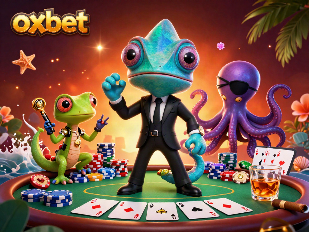 Engage in thrilling poker action at oxbet with chameleon and gecko characters in vibrant casino setting.