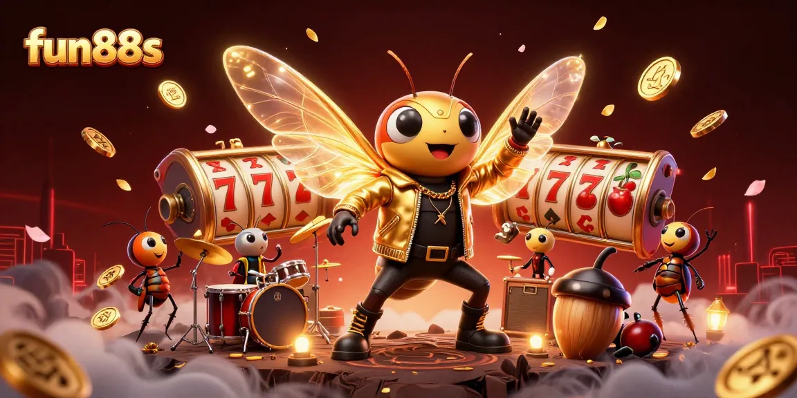 Experience excitement with fun88s as a rock star cicada and drummer animate a dynamic casino scene.