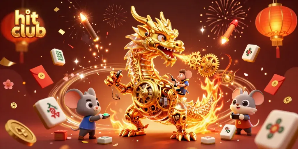 Engage in thrilling games at hit club with the golden dragon and festive elements all around.