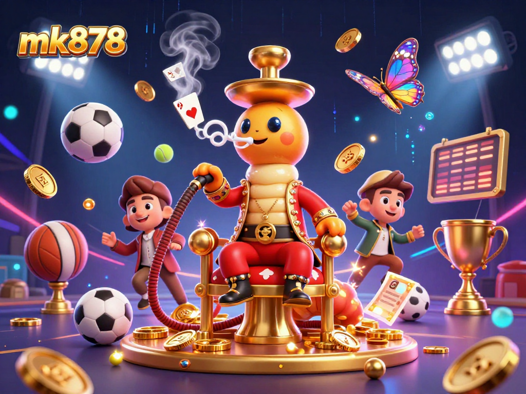Experience the thrill of mk878 with vibrant 3D casino elements featuring a caterpillar hookah-master and dynamic sports balls.