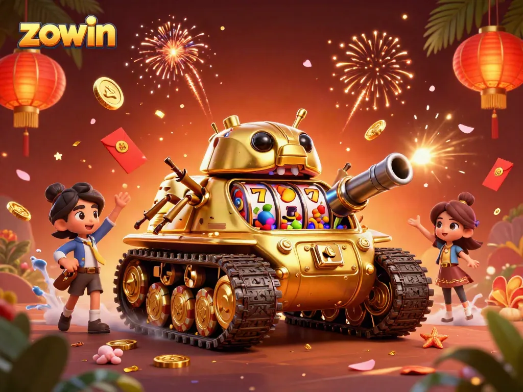 Zowin unleashes thrilling slot adventures with an engaging golden beetle tank casino illustration.