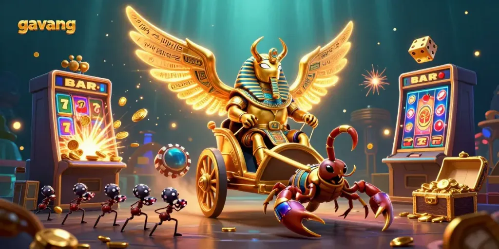 Engage with gavang action featuring a golden scarab and scorpions amidst a vibrant casino scene.