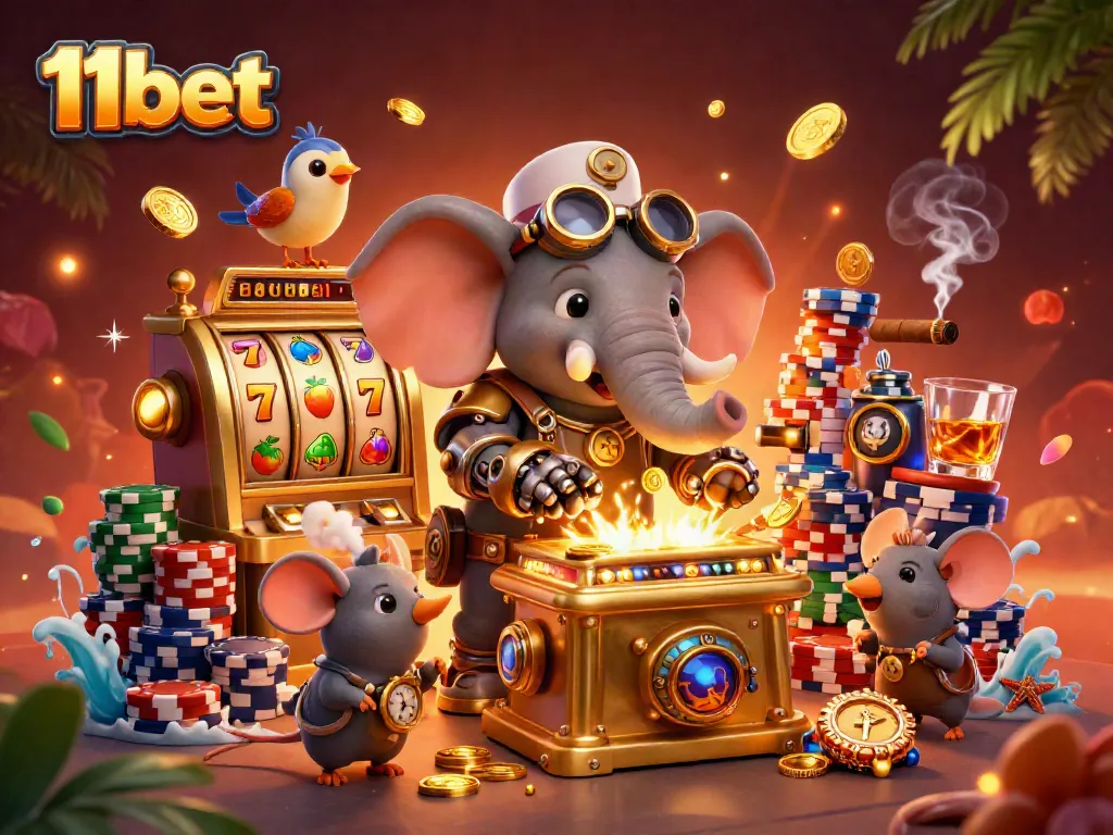 Engage with 11bet's immersive casino experience featuring a steampunk elephant at a golden slot machine.