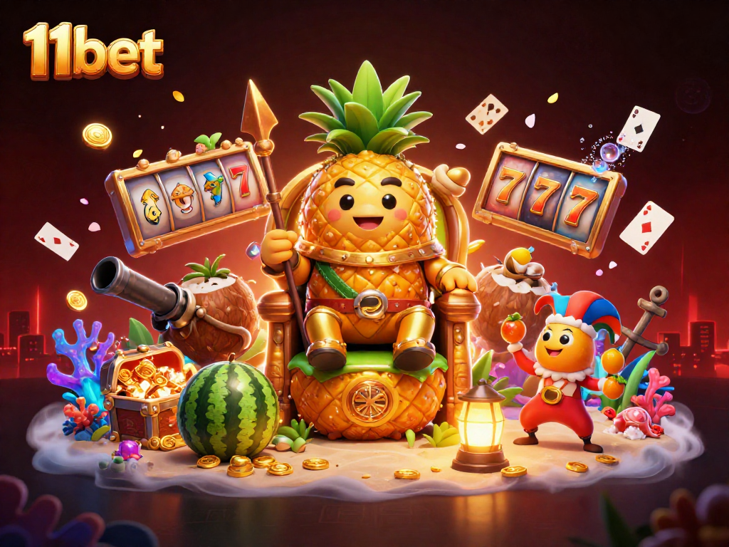 Engage with 11bet's 3D casino experience featuring a vibrant beach scene with a pineapple king and lively gaming elements.