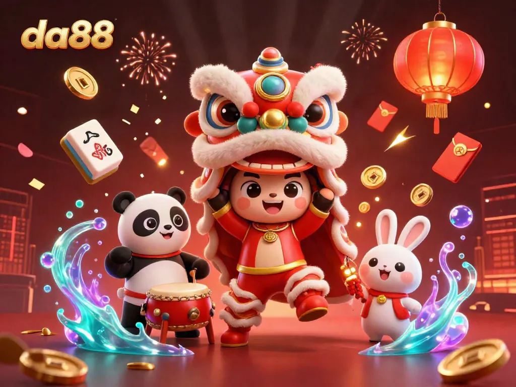 Engage in thrilling gameplay with da88, where a lively lion dance and lucky elements create a vibrant casino atmosphere.