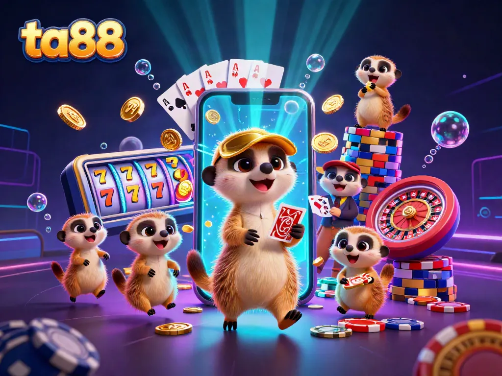 Experience the vibrant ta88 casino world with meerkats dealing cards in an ultra-detailed digital illustration.