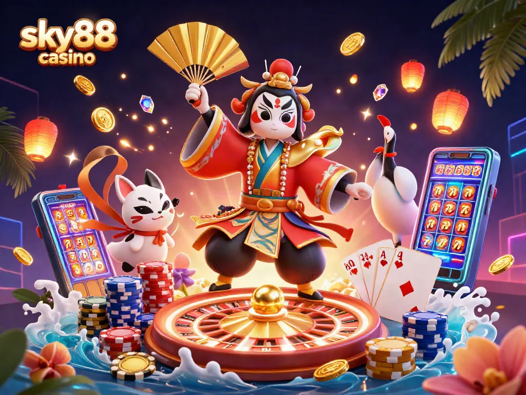 Experience the excitement of sky88 casino with vibrant characters and dynamic elements in a lively gaming scene.