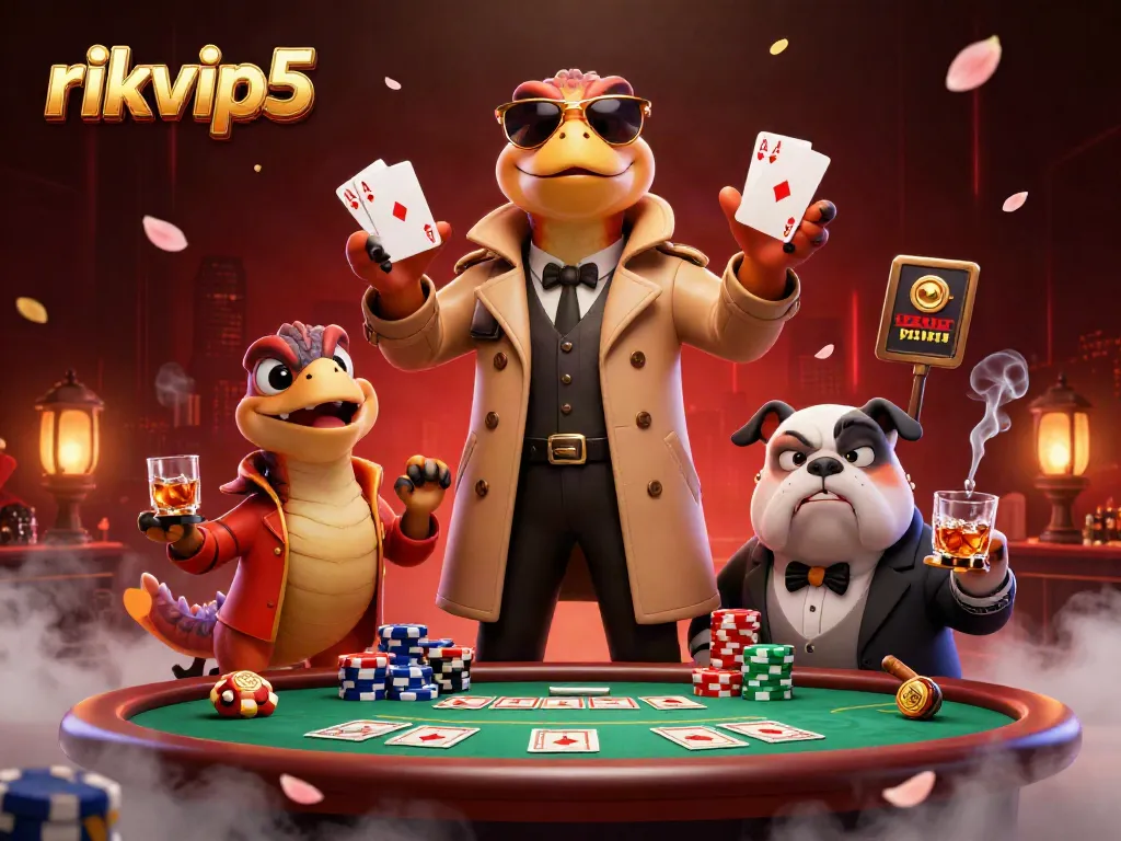 Rikvip5 players engaging in vibrant poker action at a VIP casino, showcasing energetic characters and rich elements.