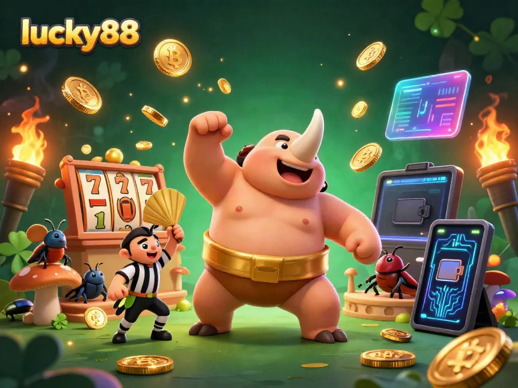 Engage with lucky88 as the rhino beetle champion performs, coins flying in a vibrant casino scene.