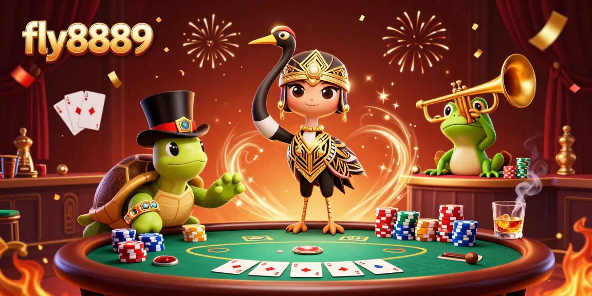Experience the thrill of fly8889 in this vibrant casino scene with colorful poker elements and animated characters.