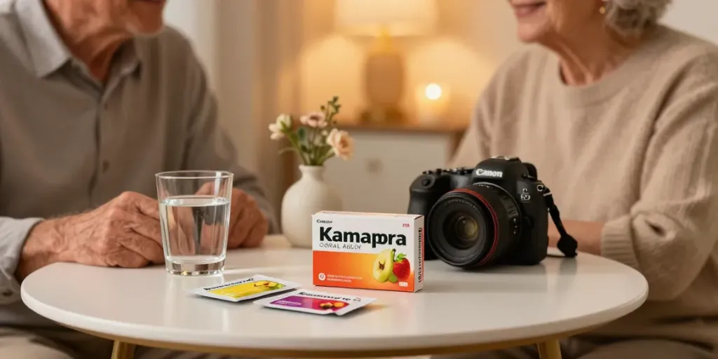 Kamagra Oral Jelly balení s ovocnými příchutěmi připravené pro romantickou večeri.