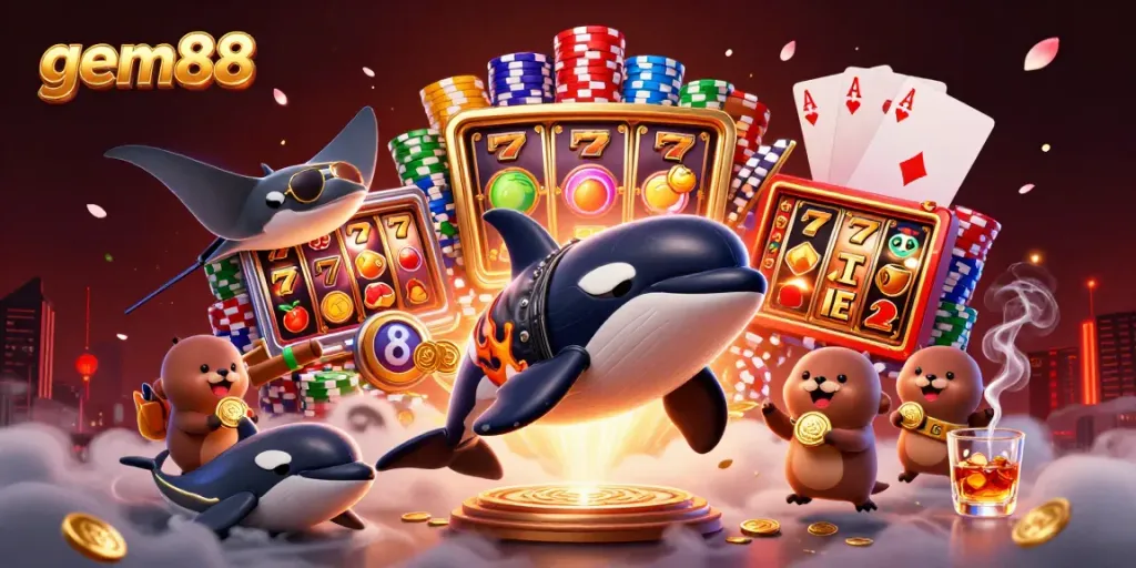 Experience excitement and rewards with gem88's thrilling casino atmosphere featuring unique characters and elements.