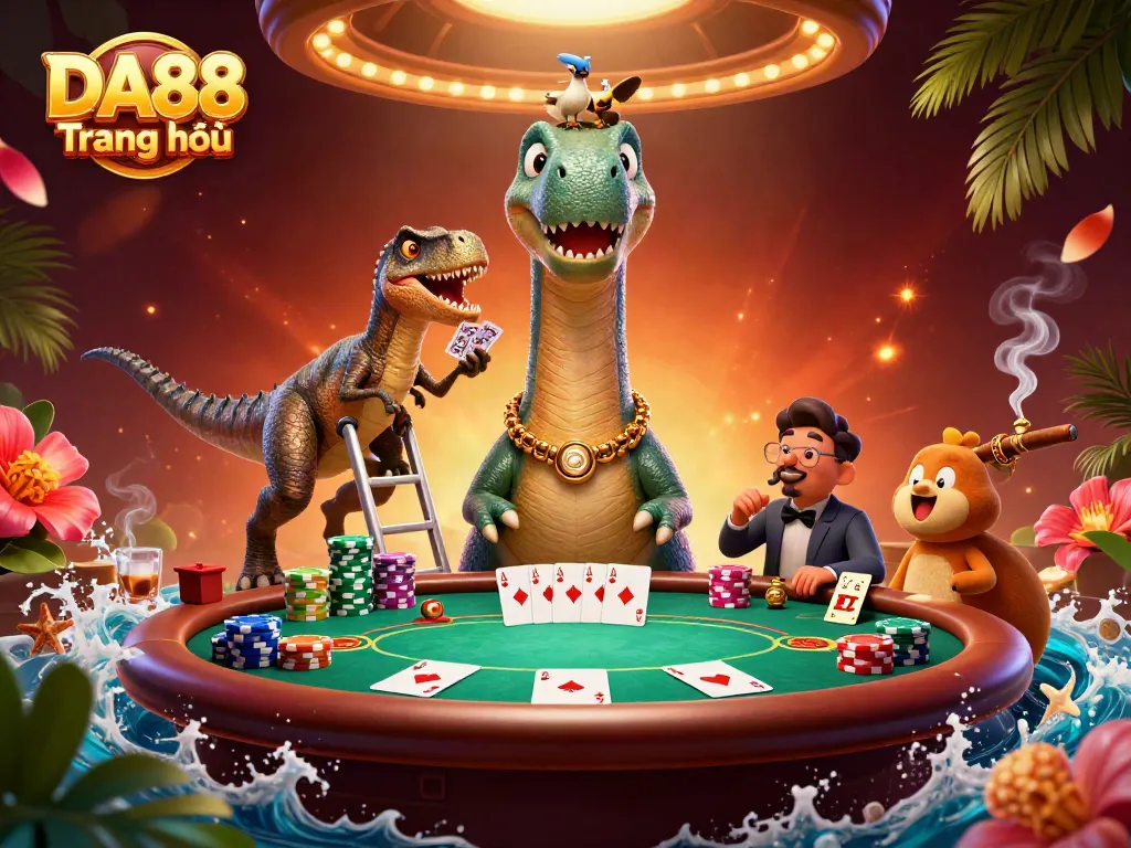 Engage in thrilling excitement at DA88 Trang chủ while a clever raptor deals cards beneath a towering brontosaurus.