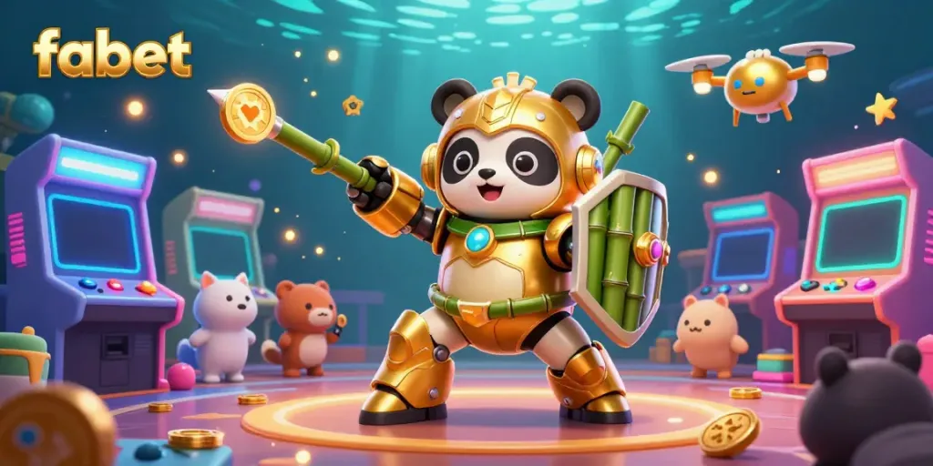 Engage with fabet's vibrant casino experience, showcasing dynamic characters and playful arcade elements.
