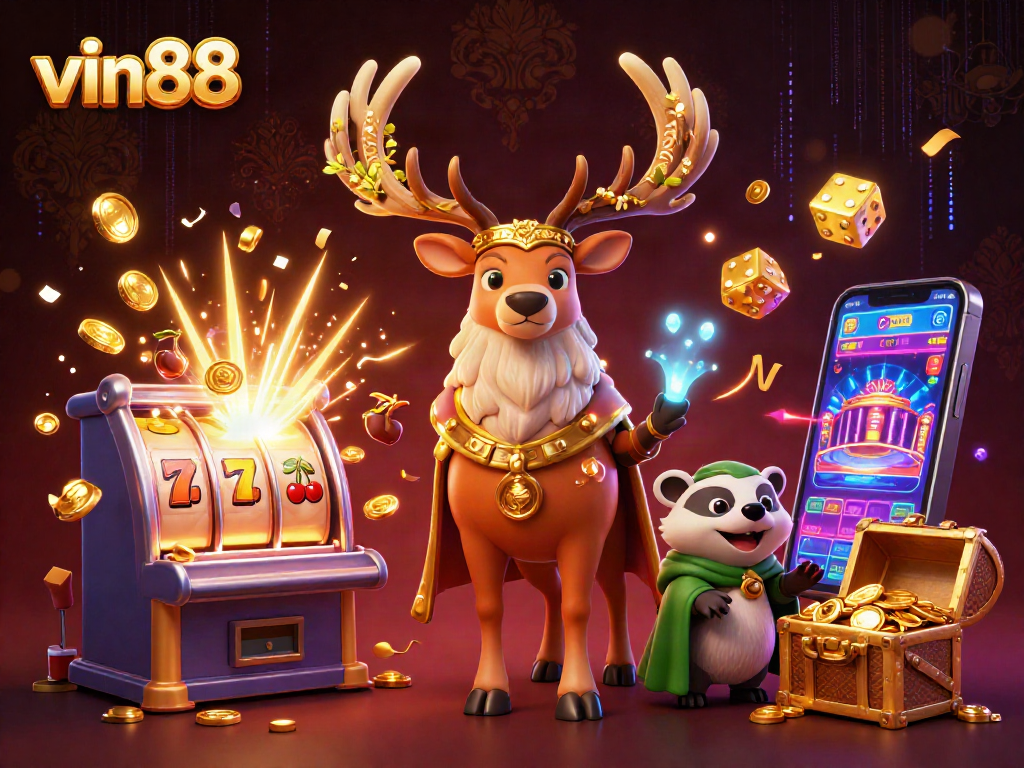 vin88 captures excitement in a vivid 3D scene of a magical casino adventure filled with jackpots and prizes.
