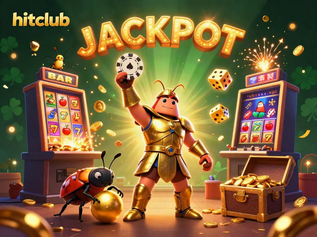 Hitclub showcases a victorious beetle celebrating with poker chips and slot machine elements in dazzling style.