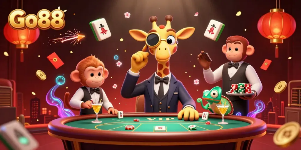 Join the excitement at Go88 with our high-roller giraffe and colorful casino scene filled with vibrant gaming elements.
