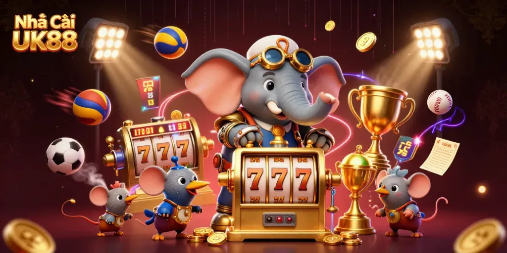 Experience thrilling gaming action at Nhà cái UK88 with a dynamic illustration of steampunk characters and vibrant casino elements.