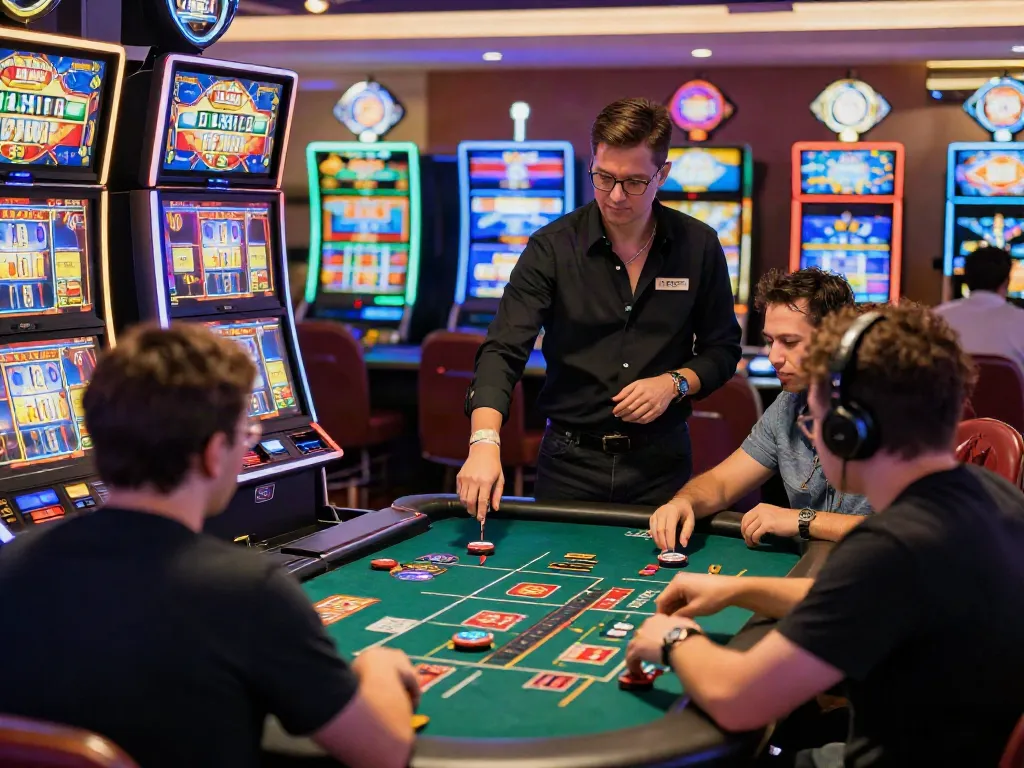 Experience the excitement of da88 online gambling with players engaged at vibrant slot machines.