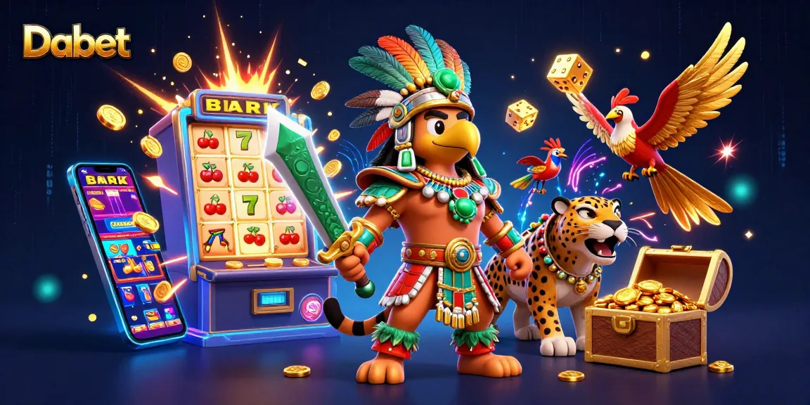 Dabet invites players into a dynamic casino scene featuring an Aztec warrior eagle and a jackal companion, with vibrant slots and glowing treasures.