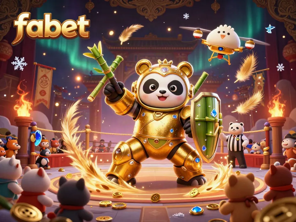 Experience exciting betting action with fabet in this energetic 3D panda mech-suit illustration showcasing a thrilling online gambling arena.