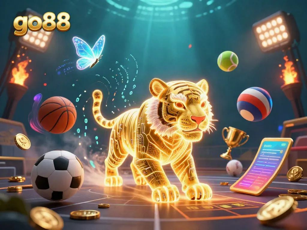 Engage with go88's neon tiger avatar in a thrilling digital casino landscape filled with vibrant gaming elements.