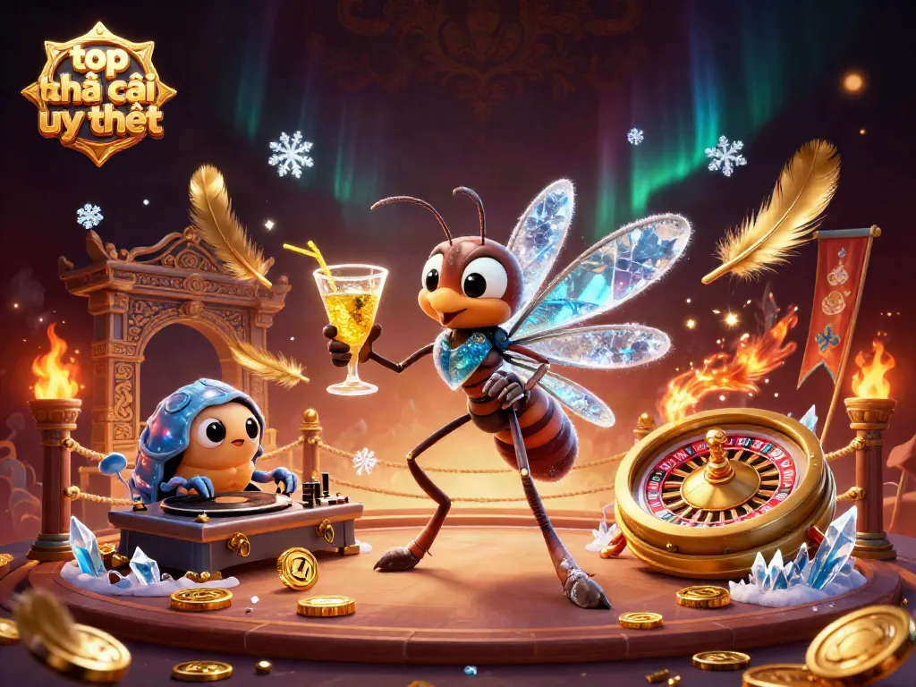 Engaging scene of a frozen mosquito mascot and trilobite DJ, showcasing top nhà cái uy tín with casino elements.