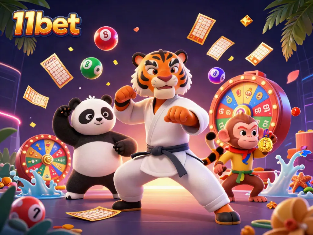 Experience exciting wins at 11bet with a dynamic scene featuring lottery balls, golden tickets, and vibrant game elements.