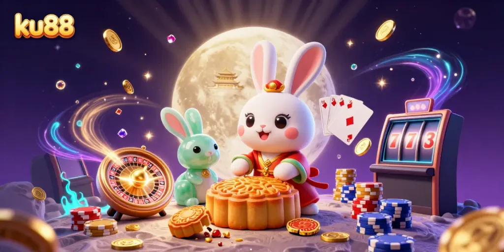 Spin for fortune at ku88 with the moon rabbit, golden coins, and thrilling casino games.